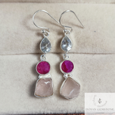 Raw Rose Quartz Fashion Earring, Crystal Quartz Dainty Dangle Earring, Birthstone Jewelry, Dyed Ruby Handmade Jewelry, Anniversary Gift